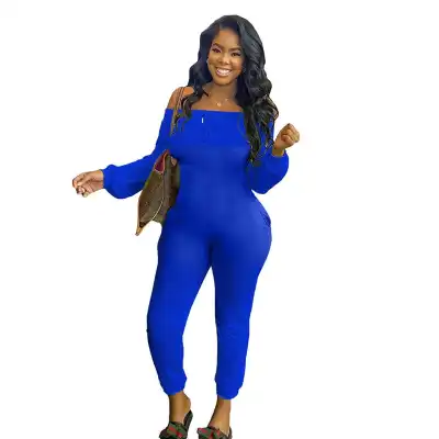 S-XXL Women Fashion Solid Color Off-the-shoulder Jumpsuits