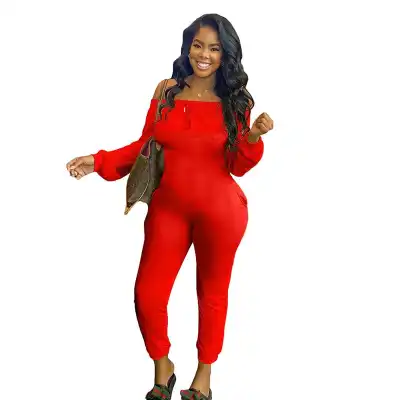 S-XXL Women Fashion Solid Color Off-the-shoulder Jumpsuits