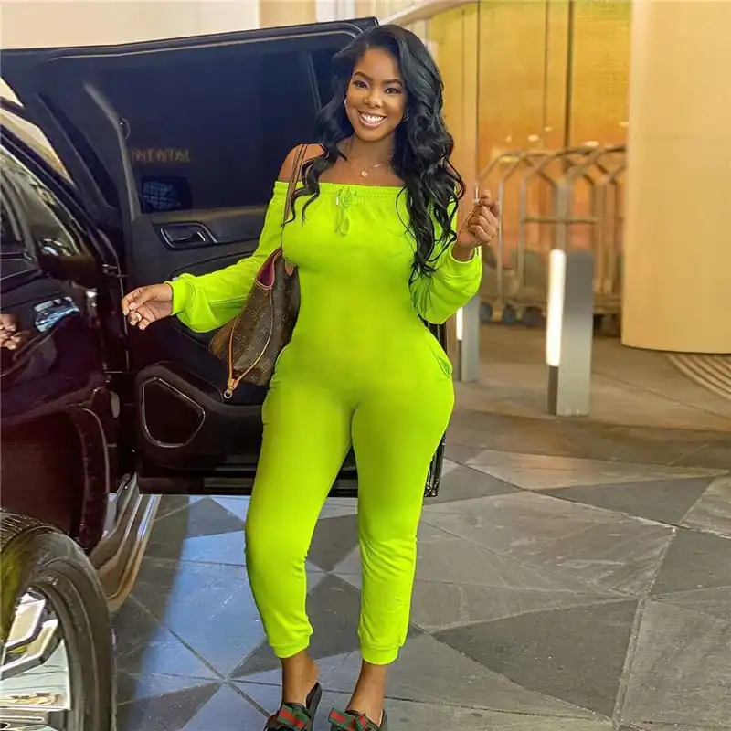 S-XXL Women Fashion Solid Color Off-the-shoulder Jumpsuits