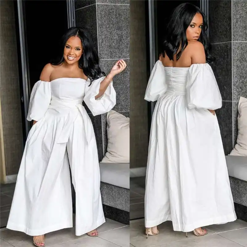 M-3XL Women Sexy Solid Color Off-the-shoulder Wide Leg Jumpsuits