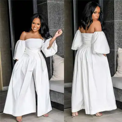 M-3XL Women Sexy Solid Color Off-the-shoulder Wide Leg Jumpsuits