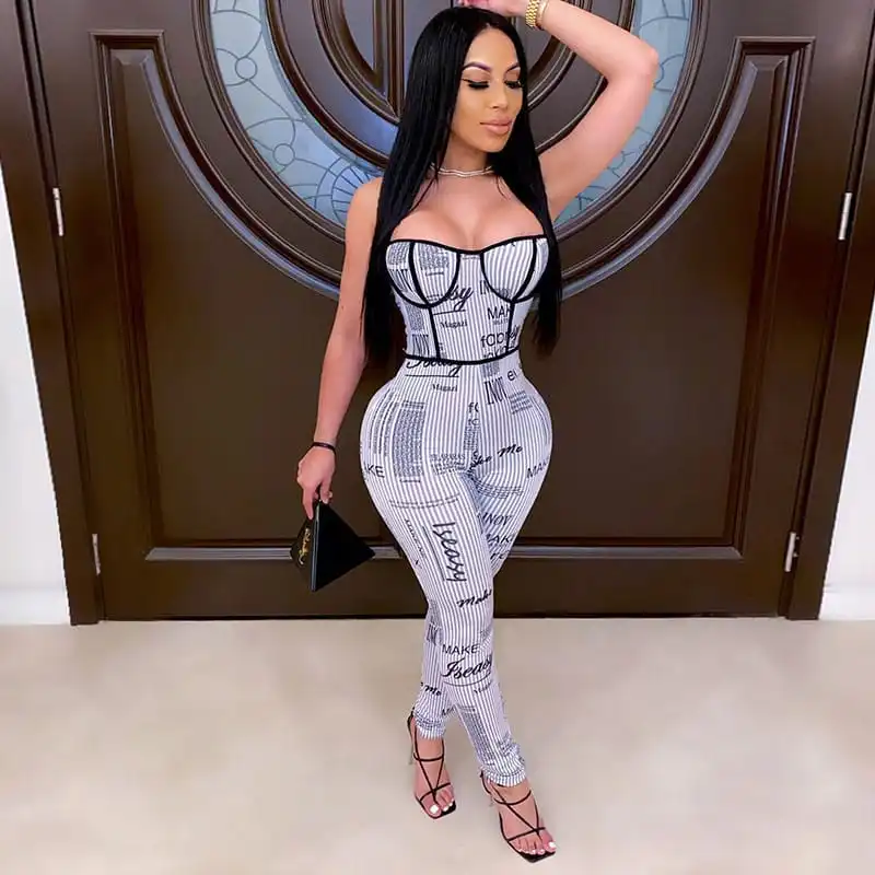 S-XXL Women Sexy Rib Kint Letter Printed Strap Romper Jumpsuits