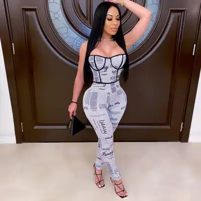 S-XXL Women Sexy Rib Kint Letter Printed Strap Romper Jumpsuits
