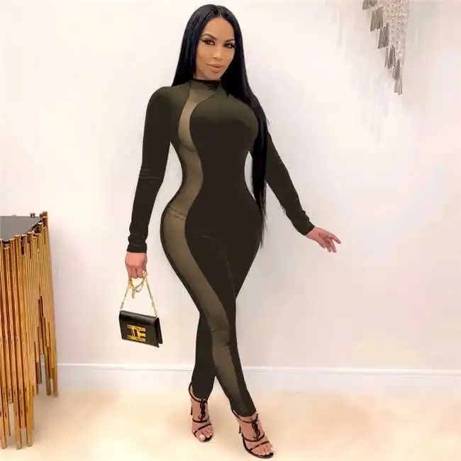 S-4XL Women Mesh Patchwork See-Through Rompers Jumpsuits
