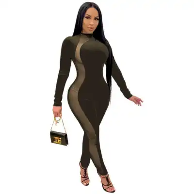 S-4XL Women Mesh Patchwork See-Through Rompers Jumpsuits