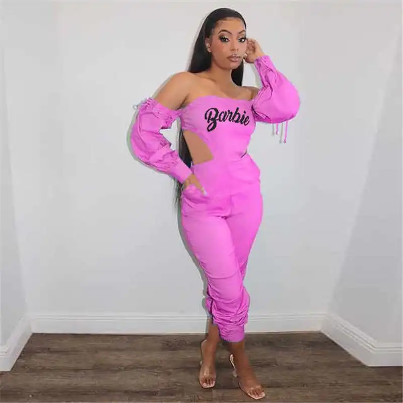 S-XXL Women Sexy Off The Shoulder Letter Printing Hollow Out Jumpsuits