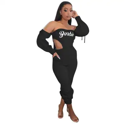 S-XXL Women Sexy Off The Shoulder Letter Printing Hollow Out Jumpsuits