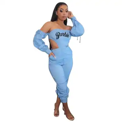 S-XXL Women Sexy Off The Shoulder Letter Printing Hollow Out Jumpsuits