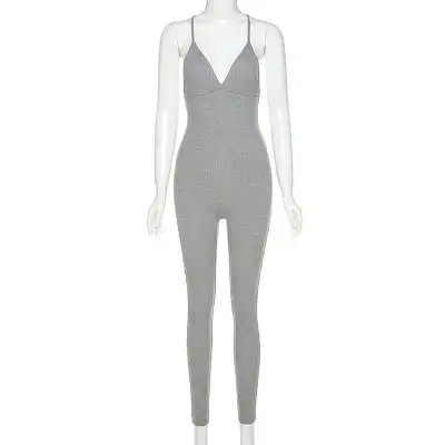 S-L Women Fashion Solid Color Rib Knit Backless Slip Jumpsuits