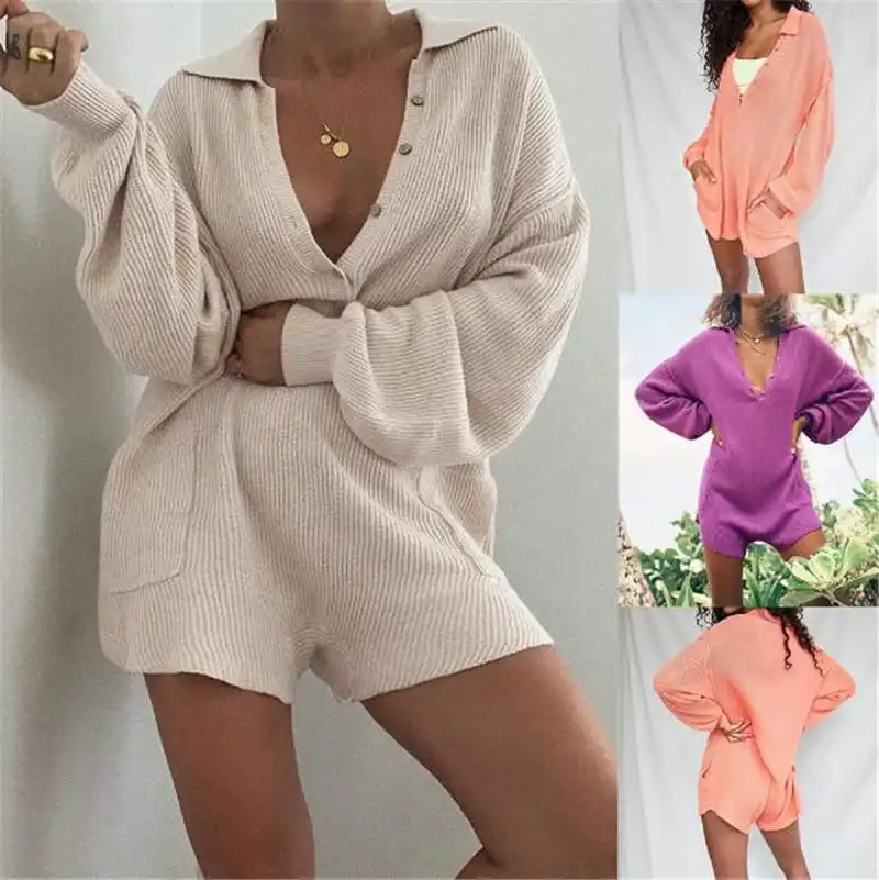 S-XL Women Fashion Lapel Solid Color Single Breasted Rib-knit Loose Rompers
