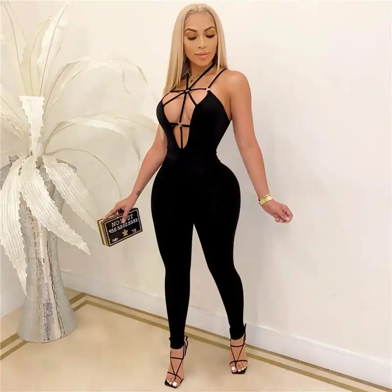 S-XXL Women Sexy Hollow Out Bandage Deep V-Neck Solid Color Romper