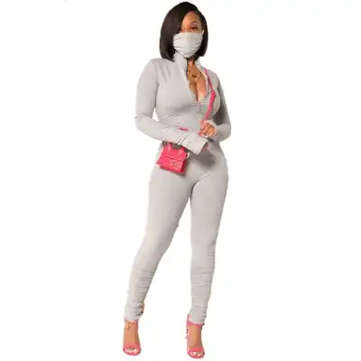 S-XXL Women Fashion Stand Collar Zipper Solid Color Jumpsuits