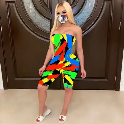 S-2XL Women Fashion Color Blocking Tube Top Rompers