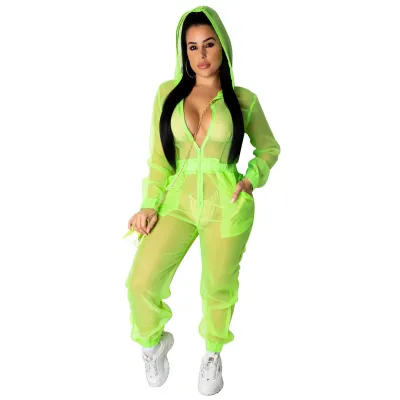 S-XXL Women Fashion Mesh See-through Solid Color Hooded Jumpsuits