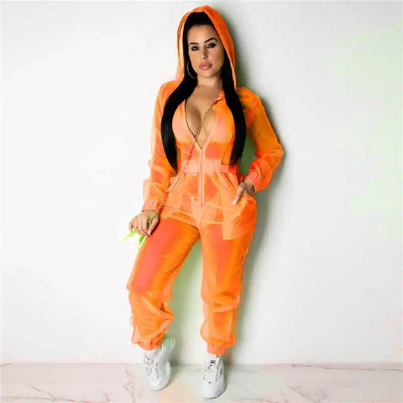 S-XXL Women Fashion Mesh See-through Solid Color Hooded Jumpsuits