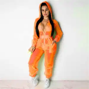 S-XXL Women Fashion Mesh See-through Solid Color Hooded Jumpsuits