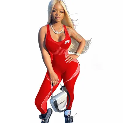 S-XL Women Fashion Contrast Color Letter Printed Sleeveless Jumpsuits