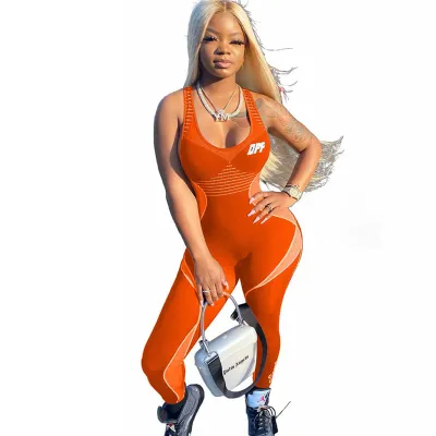 S-XL Women Fashion Contrast Color Letter Printed Sleeveless Jumpsuits