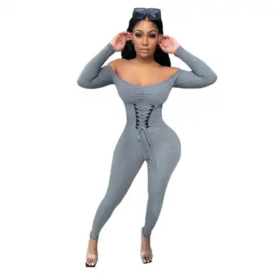 S-2XL Women Sexy Off The Shoulder Solid Color Lace-up Rompers