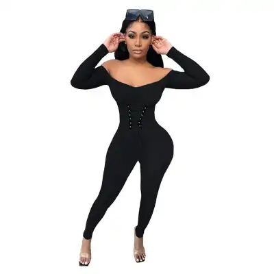 S-2XL Women Sexy Off The Shoulder Solid Color Lace-up Rompers
