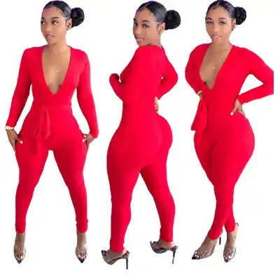 S-XL Women Solid Color Deep V Neck Rib-knit Sash Jumpsuits