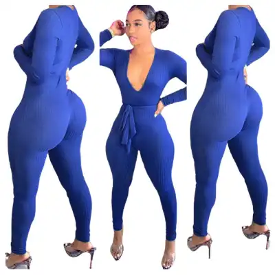 S-XL Women Solid Color Deep V Neck Rib-knit Sash Jumpsuits