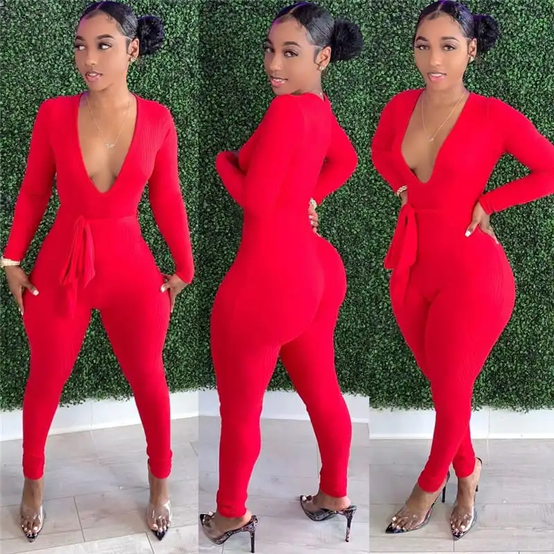 S-XL Women Solid Color Deep V Neck Rib-knit Sash Jumpsuits