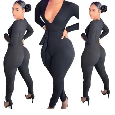 S-XL Women Solid Color Deep V Neck Rib-knit Sash Jumpsuits