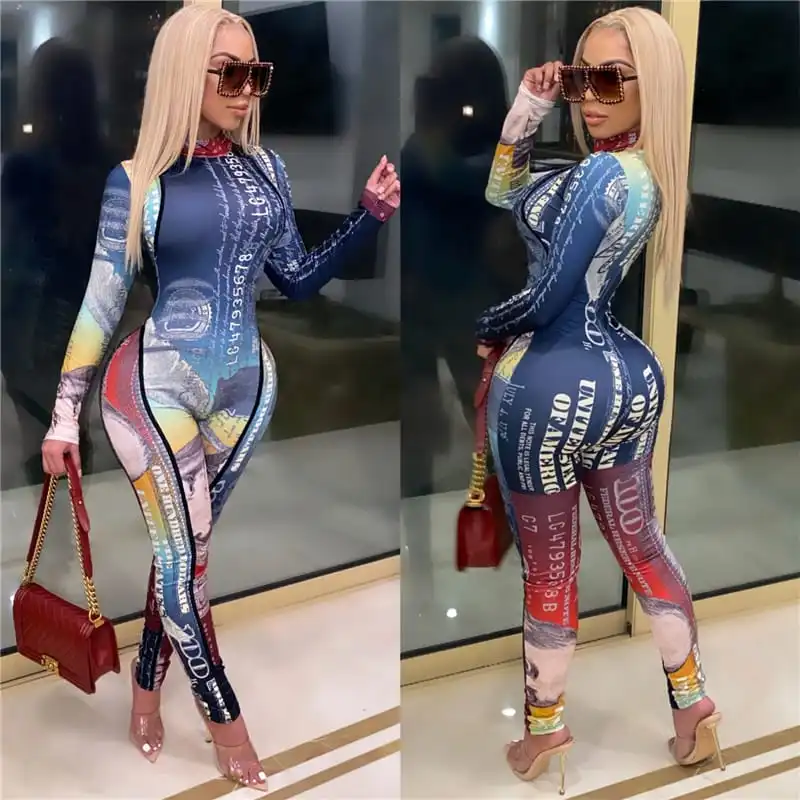 S-2XL Women Fashion Turtle Neck Banknote Printed Jumpsuits