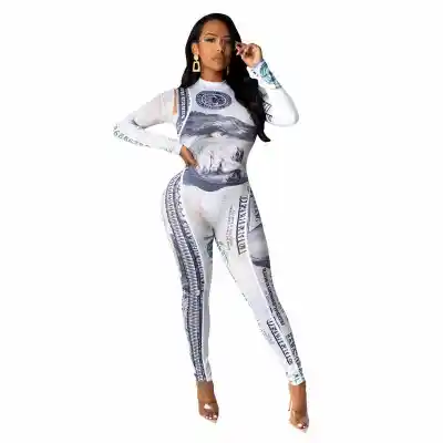 S-2XL Women Fashion Turtle Neck Banknote Printed Jumpsuits