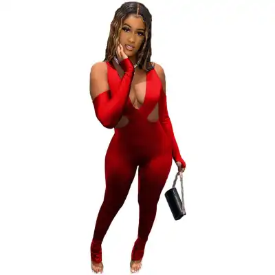 S-3XL Women Sexy Deep V Solid Color Hollow Out Rompers