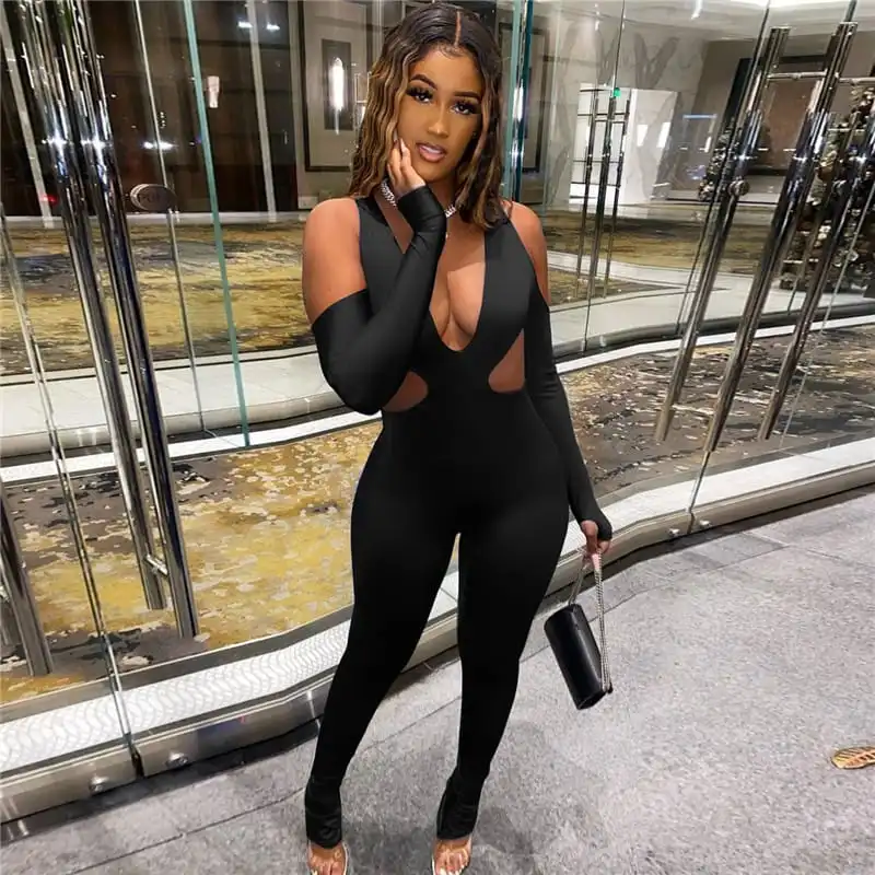 S-3XL Women Sexy Deep V Solid Color Hollow Out Rompers