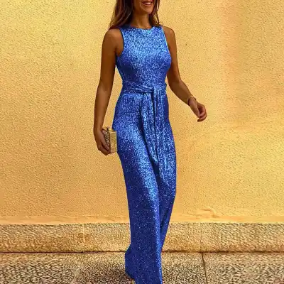 S-2XL Women Fashion Sleeveless Sequin Decor Sash Jumpsuits