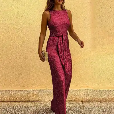 S-2XL Women Fashion Sleeveless Sequin Decor Sash Jumpsuits