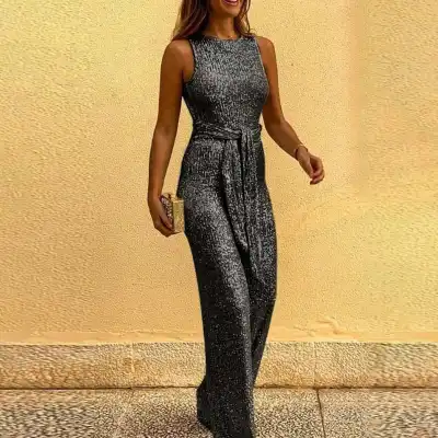 S-2XL Women Fashion Sleeveless Sequin Decor Sash Jumpsuits