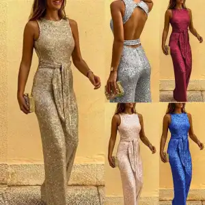 S-2XL Women Fashion Sleeveless Sequin Decor Sash Jumpsuits