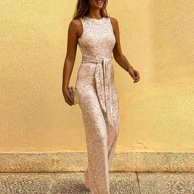 S-2XL Women Fashion Sleeveless Sequin Decor Sash Jumpsuits