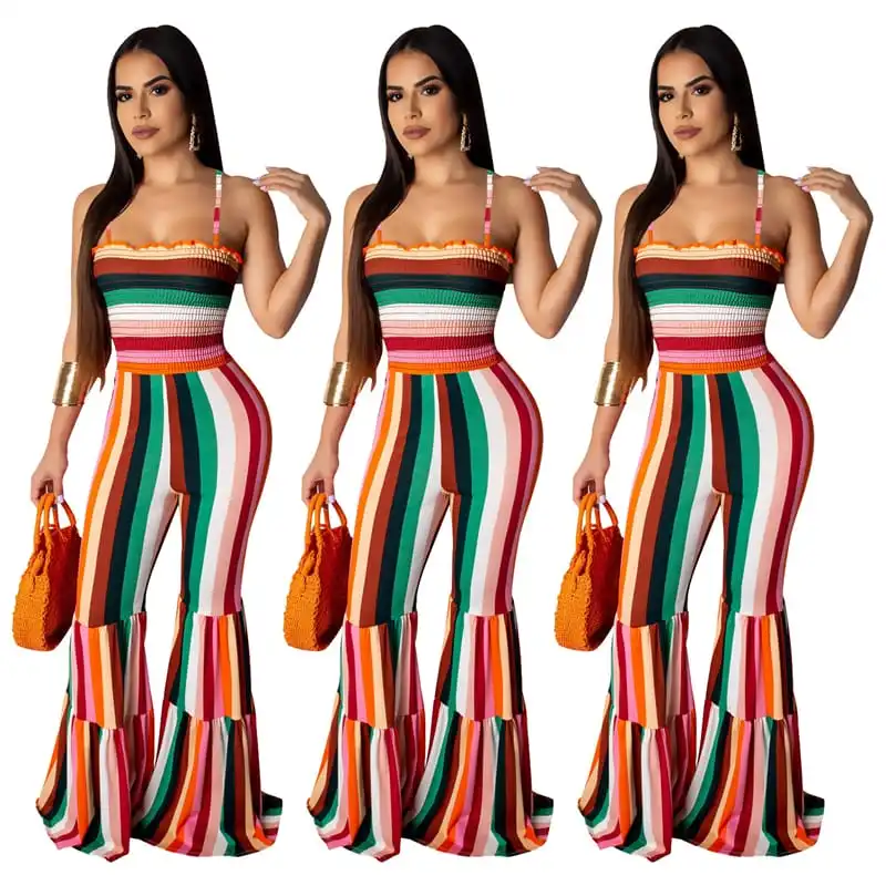 S-2XL Women Sexy Color Blocking Stripe Printing Strap Romper Jumpsuit