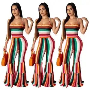 S-2XL Women Sexy Color Blocking Stripe Printing Strap Romper Jumpsuit