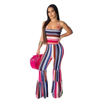 S-2XL Women Sexy Color Blocking Stripe Printing Strap Romper Jumpsuit