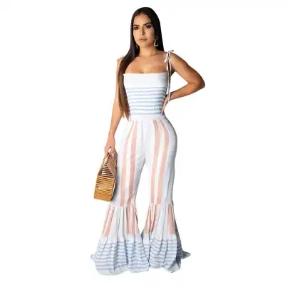 S-2XL Women Sexy Color Blocking Stripe Printing Strap Romper Jumpsuit
