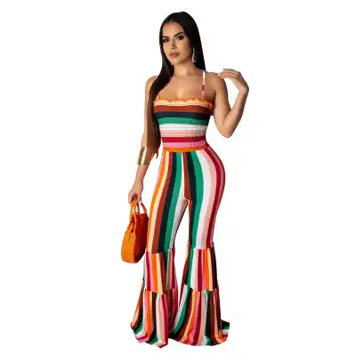 S-2XL Women Sexy Color Blocking Stripe Printing Strap Romper Jumpsuit