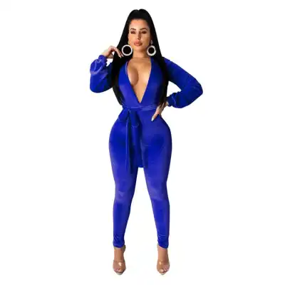 S-XL Women Solid Color Deep V Neck Velvet Sash Jumpsuits