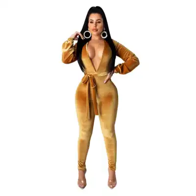 S-XL Women Solid Color Deep V Neck Velvet Sash Jumpsuits