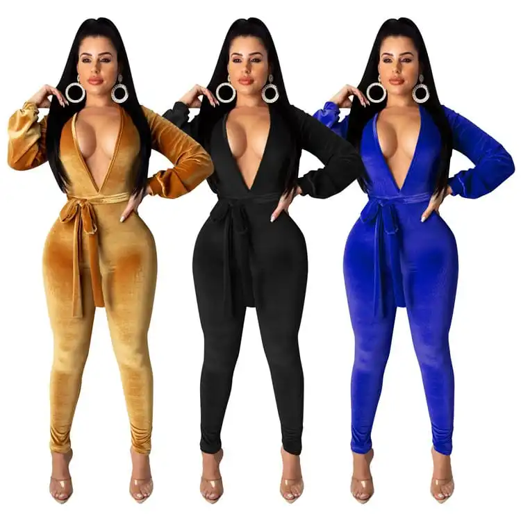 S-XL Women Solid Color Deep V Neck Velvet Sash Jumpsuits