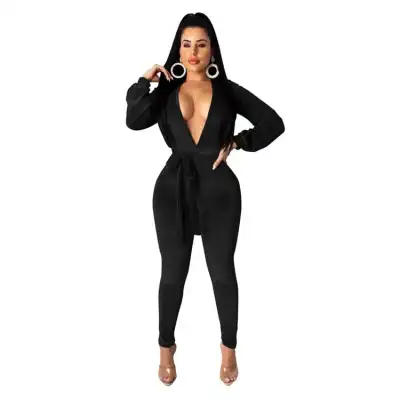 S-XL Women Solid Color Deep V Neck Velvet Sash Jumpsuits