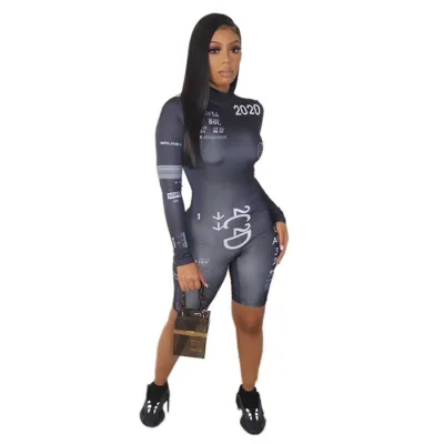 S-2XL Women Geometric Printed Long Sleeve Mock Neck Rompers