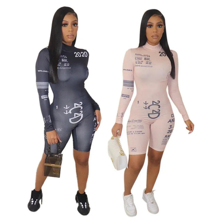 S-2XL Women Geometric Printed Long Sleeve Mock Neck Rompers