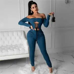 S-2XL Women's Off Shoulder Lace Up Denim Jumpsuit Solid Color Casual Wear