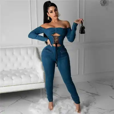S-2XL Women's Off Shoulder Lace Up Denim Jumpsuit Solid Color Casual Wear